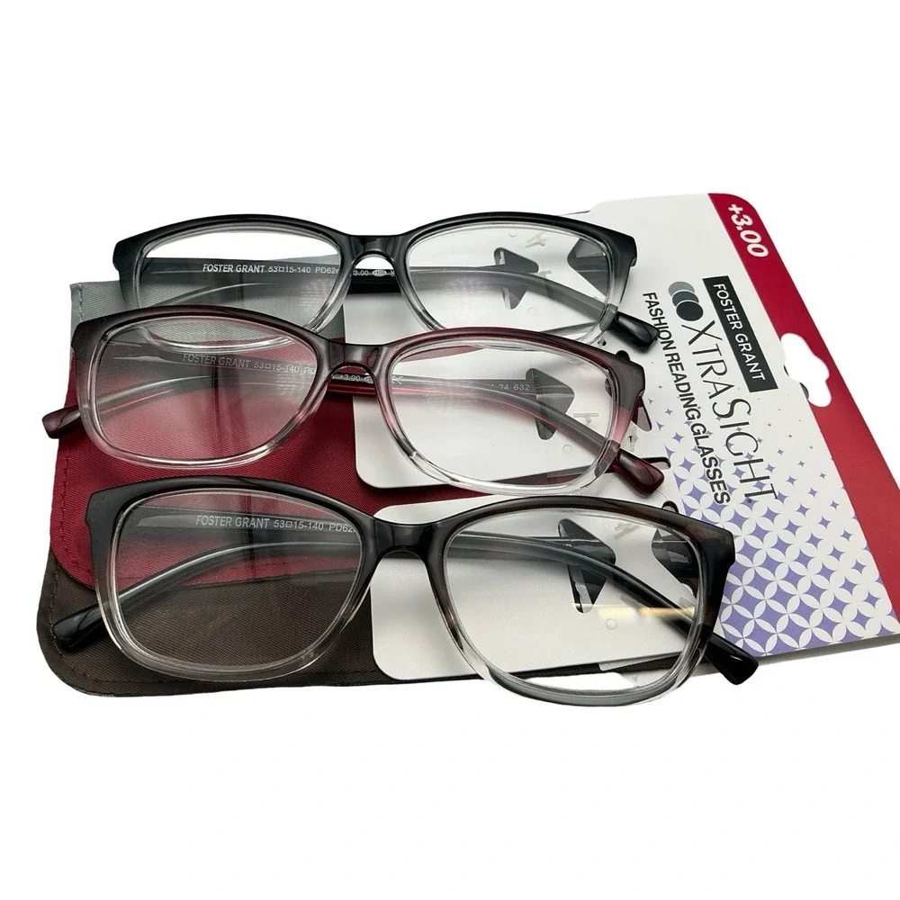 Foster Grant XtraSight Fashion Reading Glasses 3 Pack +3.00 Black Burgundy Brown